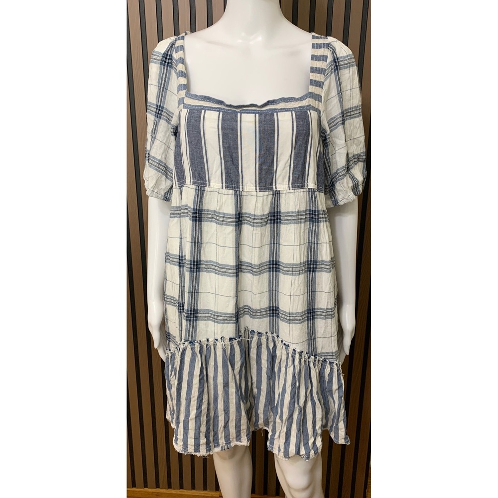 Pilcro Anthropologie Blue White Plaid Stripe Linen Cotton Mini Dress L Large